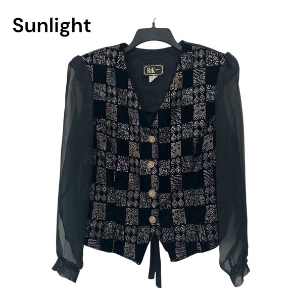 VINTAGE 90' R&K Evenings Black & Gold Sheer Sleeve Buttoned Blouse SZ X-Large - Picture 1 of 13